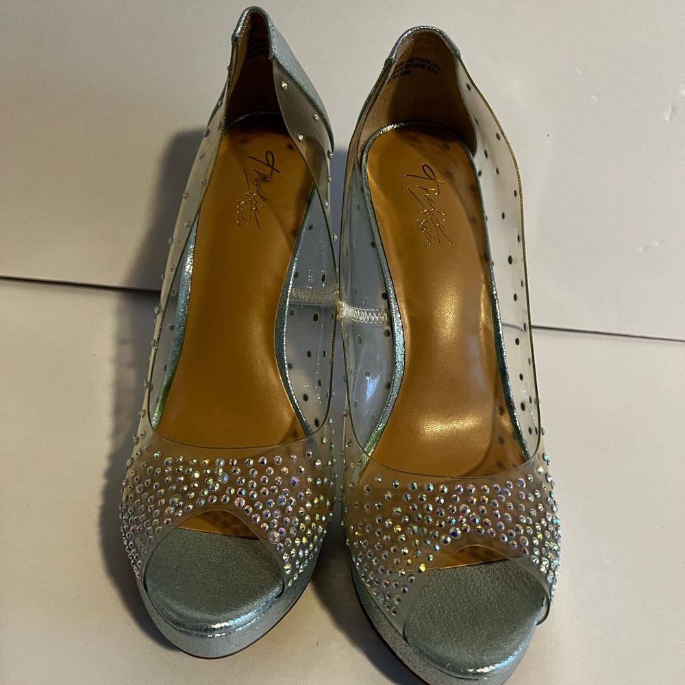 Thalia Sodi Shimmering Silver Peep-Toe Heels